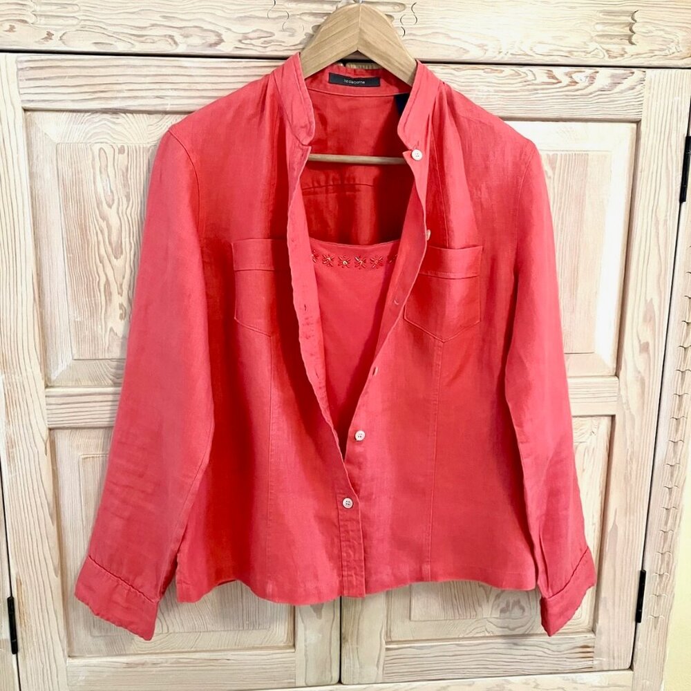 Liz Claiborne 2 Piece Set Linen Banded Collar Jacket and Beaded Camisole